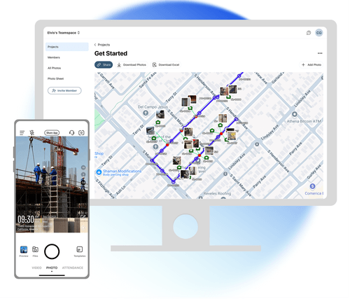Site photos on map, with design KML overlaid hero image