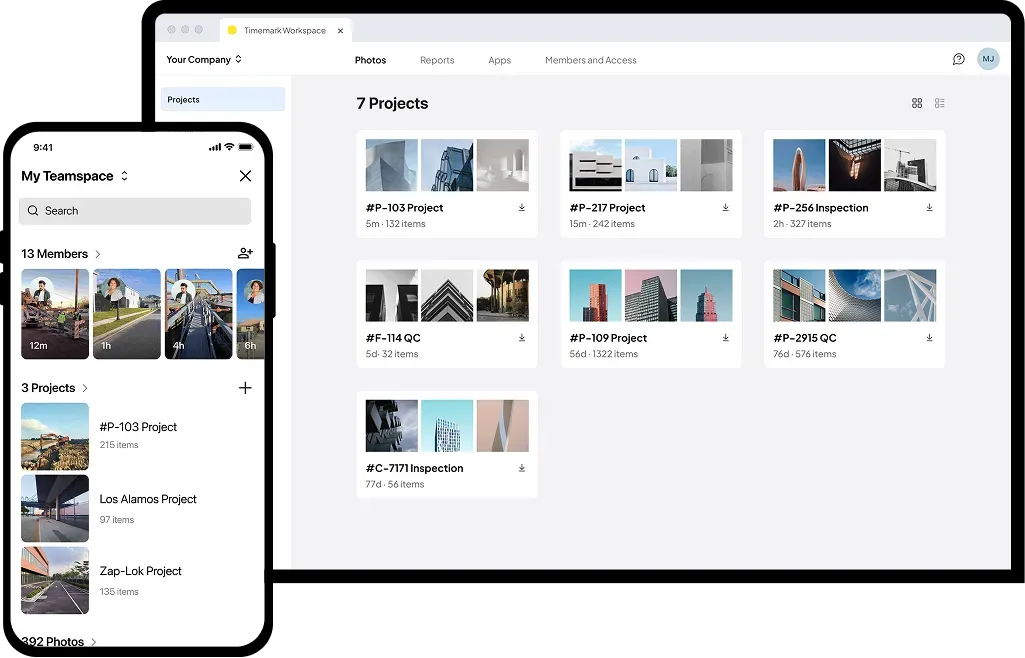 Teamspace on mobile and web organizing photos by project and crew.