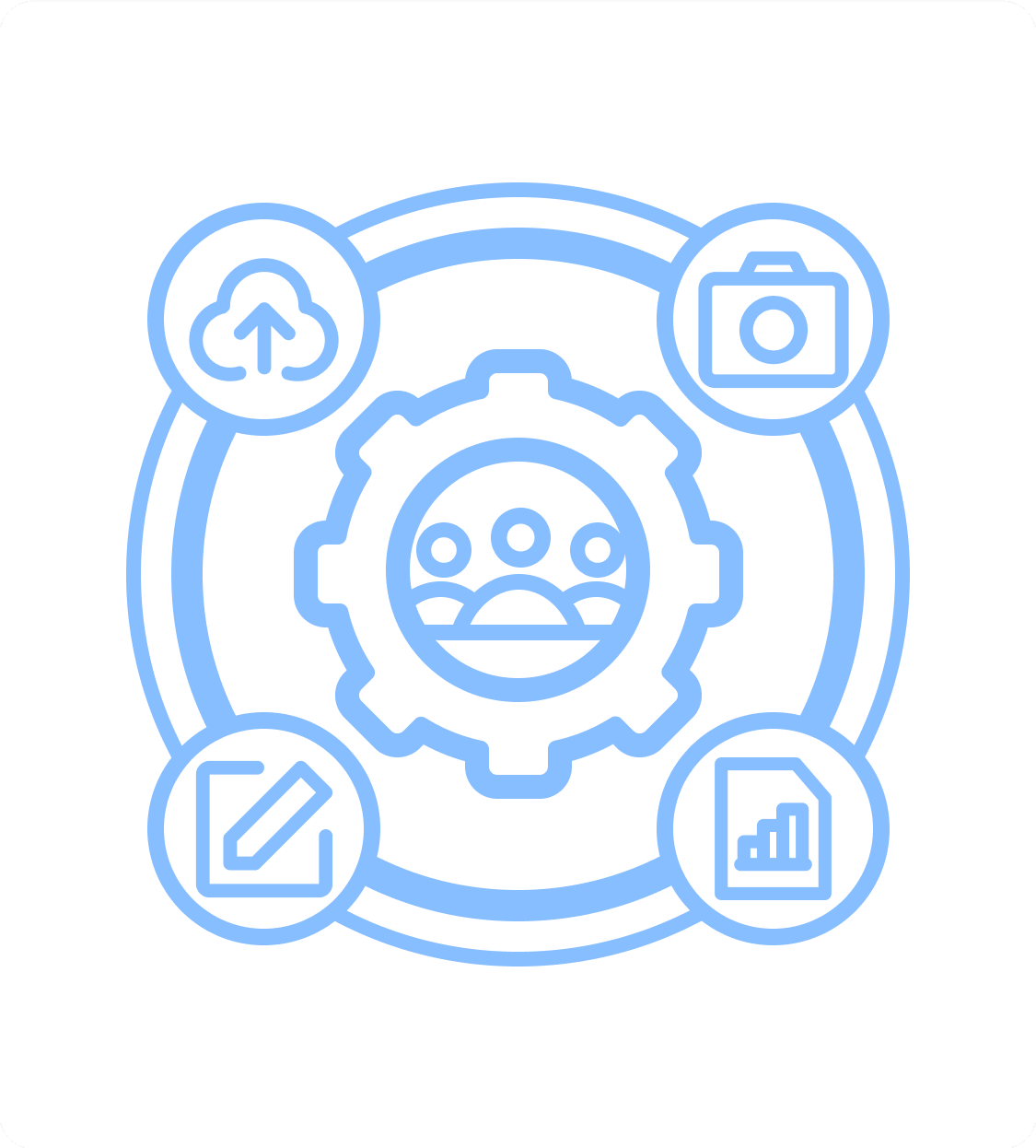 Cloud, camera, chart, and editing tools around a user.