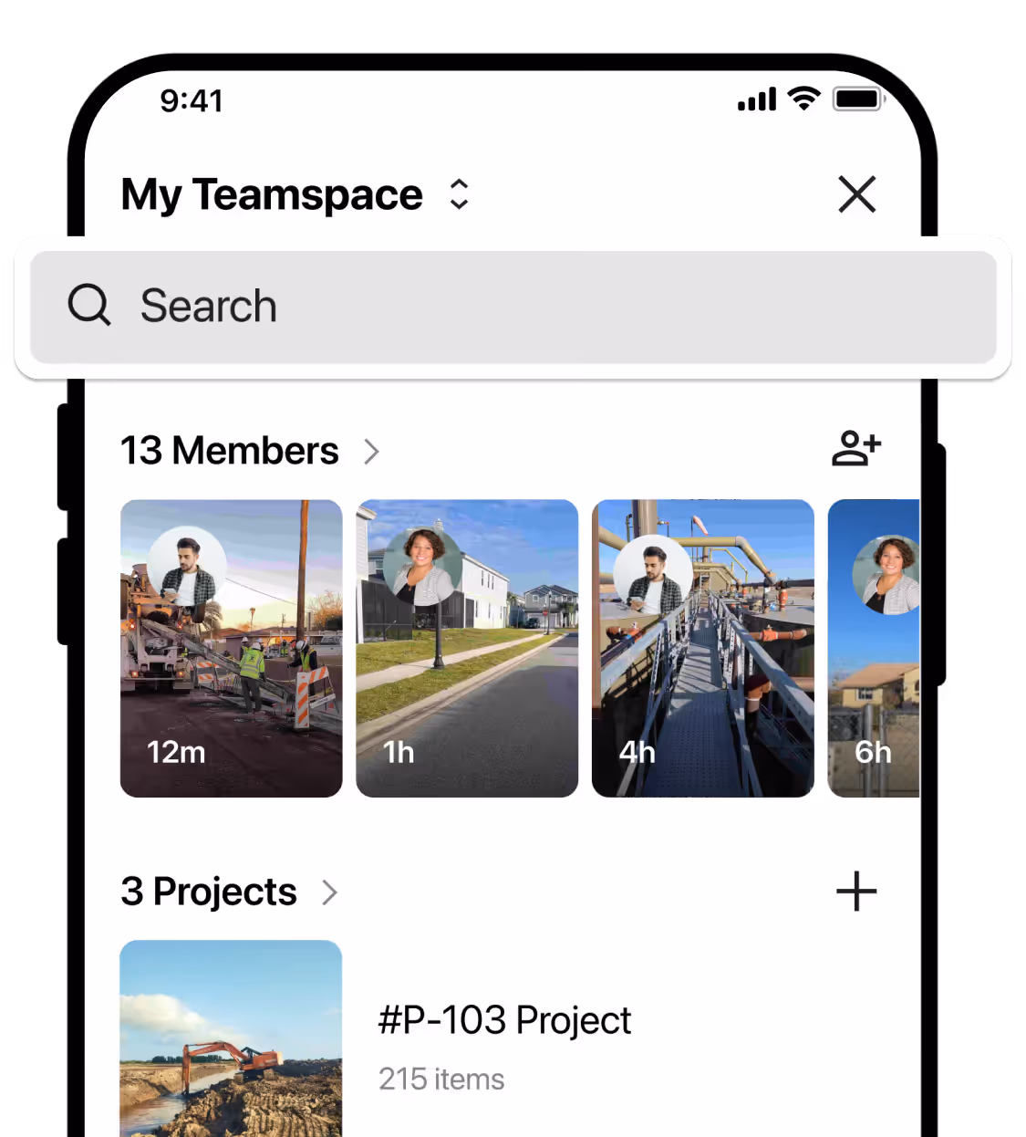 Teamspace search interface for locating job photos.