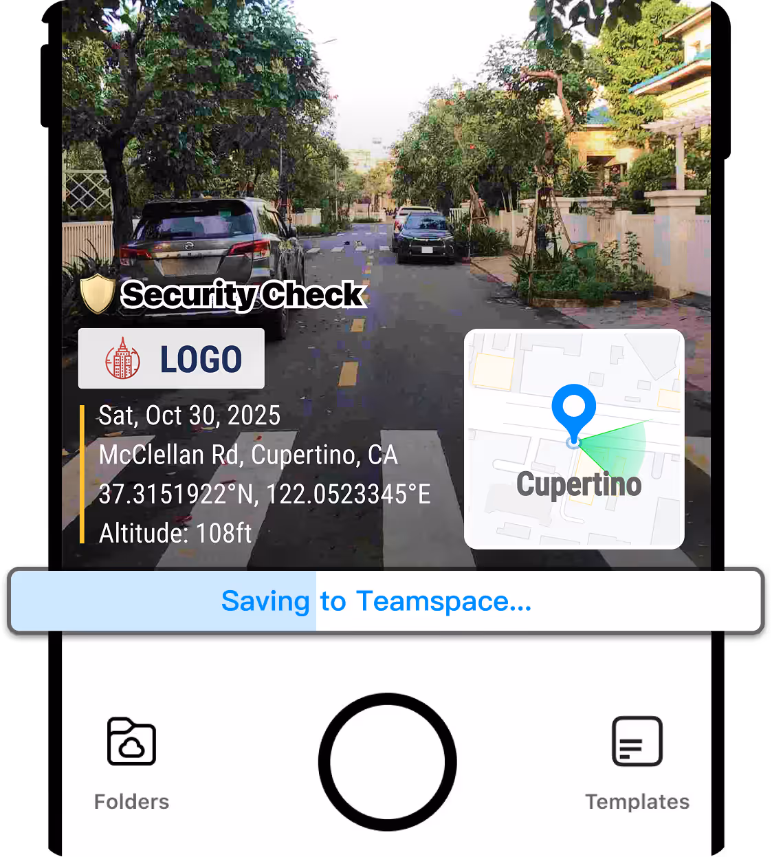 A timestamped photo saving to Teamspace in real time.