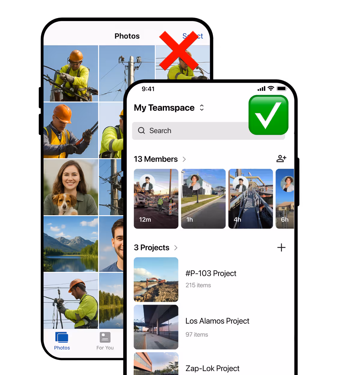 Personal and work photos separated between a phone album and Teamspace.