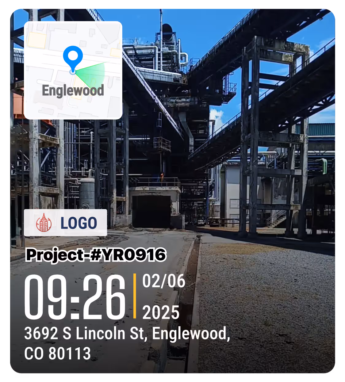 A job photo with timestamp, location, map, and logo.