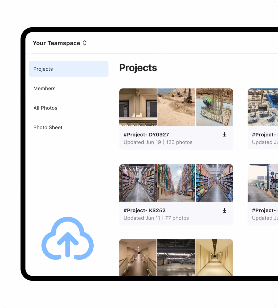 Teamspace views for projects, members, all photos, and photo sheets.
