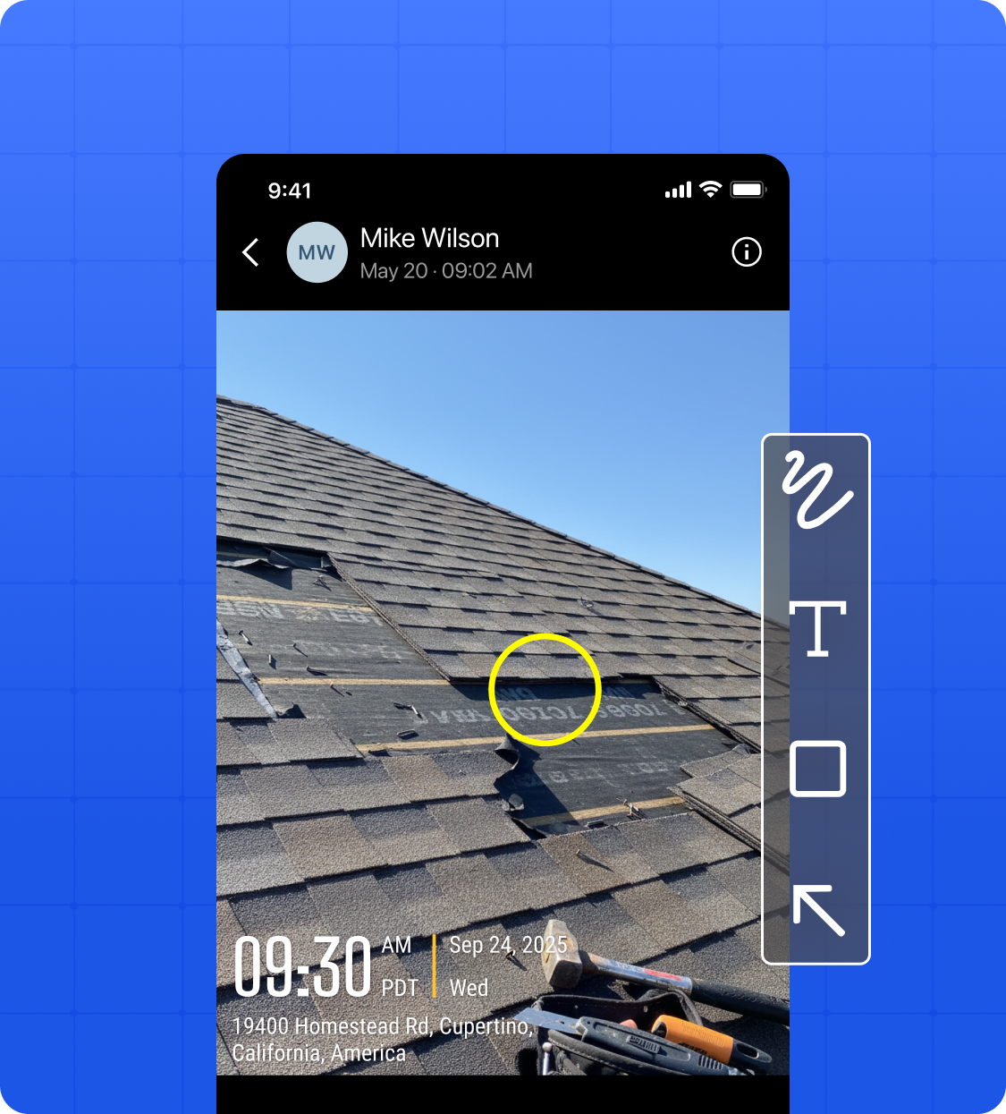 A picture showing a damaged roof with annotation toolbox on the side.