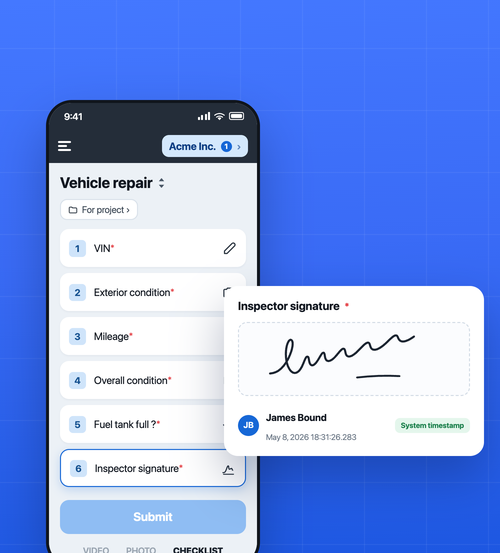 A checklist in the Timemark app ending in a signature step, with the signed name and the exact time the signature was saved