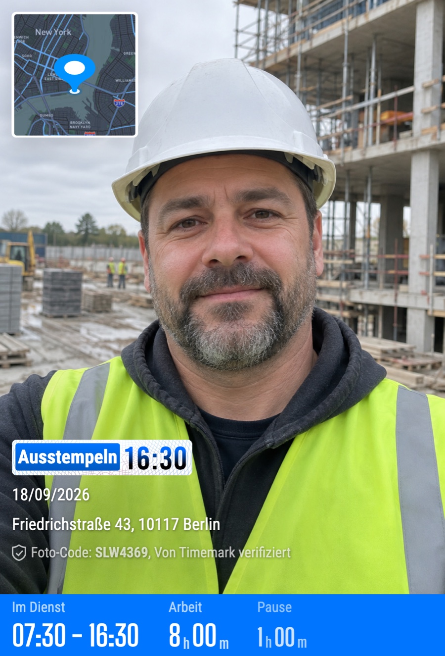 Timemark clock-out photo: a construction worker on site, with clock-in time, clock-out time, break time and work time printed on the image (German)