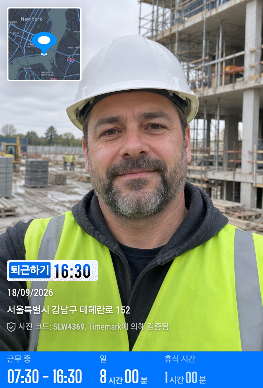 Timemark clock-out photo: a construction worker on site, with clock-in time, clock-out time, break time and work time printed on the image (Korean)