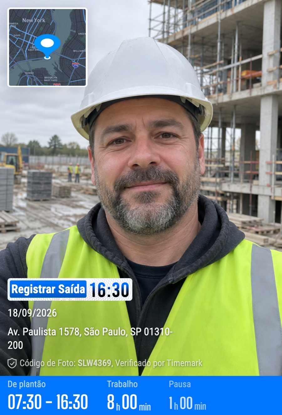 Timemark clock-out photo: a construction worker on site, with clock-in time, clock-out time, break time and work time printed on the image (Portuguese)