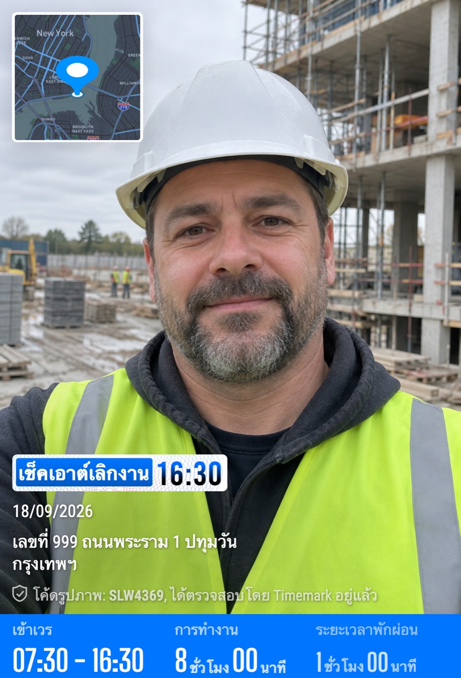 Timemark clock-out photo: a construction worker on site, with clock-in time, clock-out time, break time and work time printed on the image (Thai)