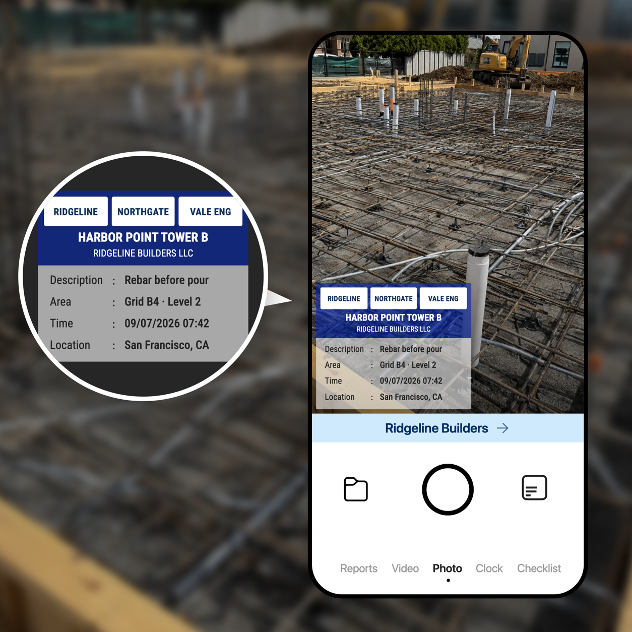 Timemark camera showing a jobsite photo with a contractor watermark template: project name, work description, area, time and location