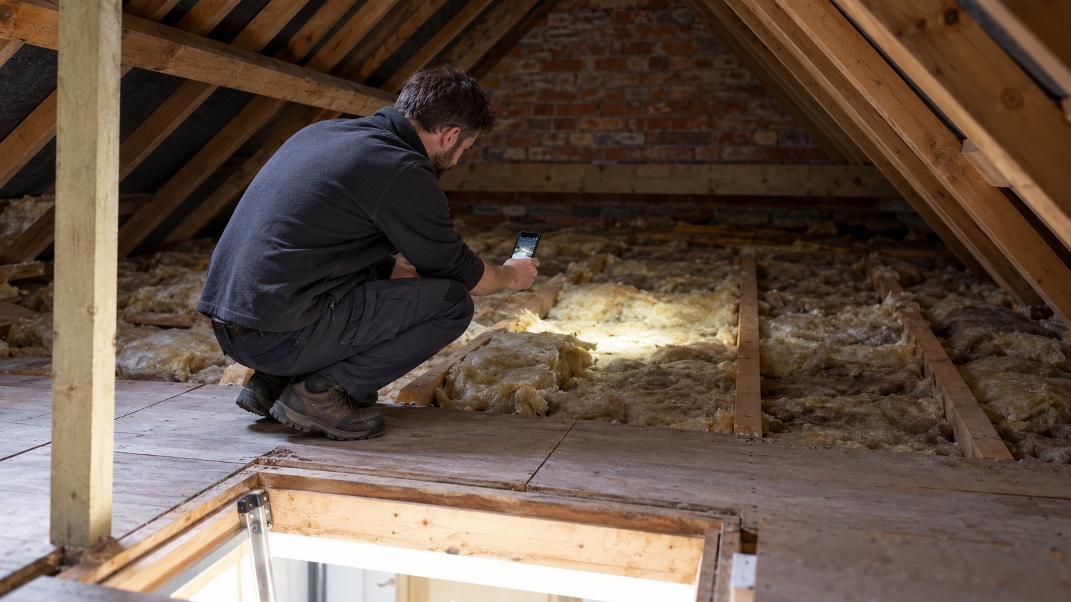 An energy assessor photographs mineral wool insulation between loft joists beside an open hatch.