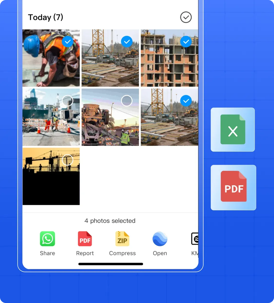 Photo gallery with selected photos and export/share options for Excel, PDF, ZIP, KMZ, WhatsApp