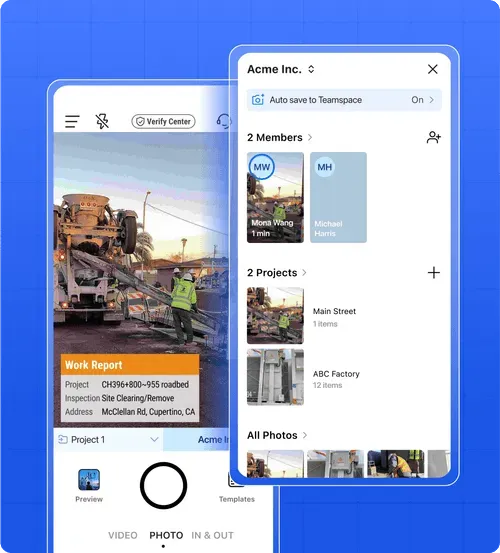 Photo with timestamp, GPS, and notes next to construction photos sorted by member and project