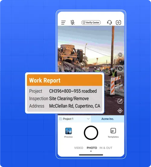 Timemark interface showing a construction photo with timestamp, GPS, and notes
