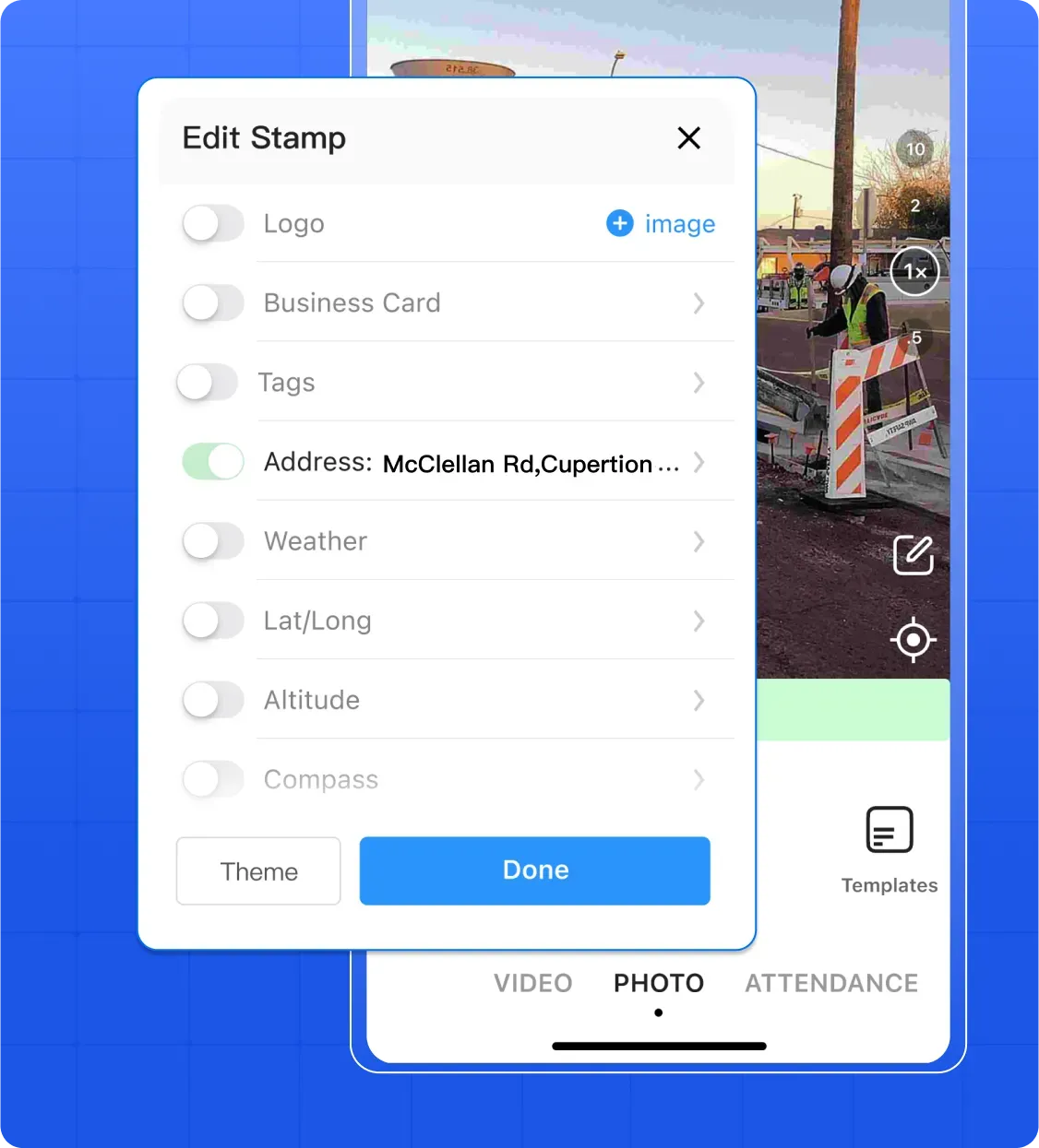 Photo and video annotation interface with timestamp and GPS