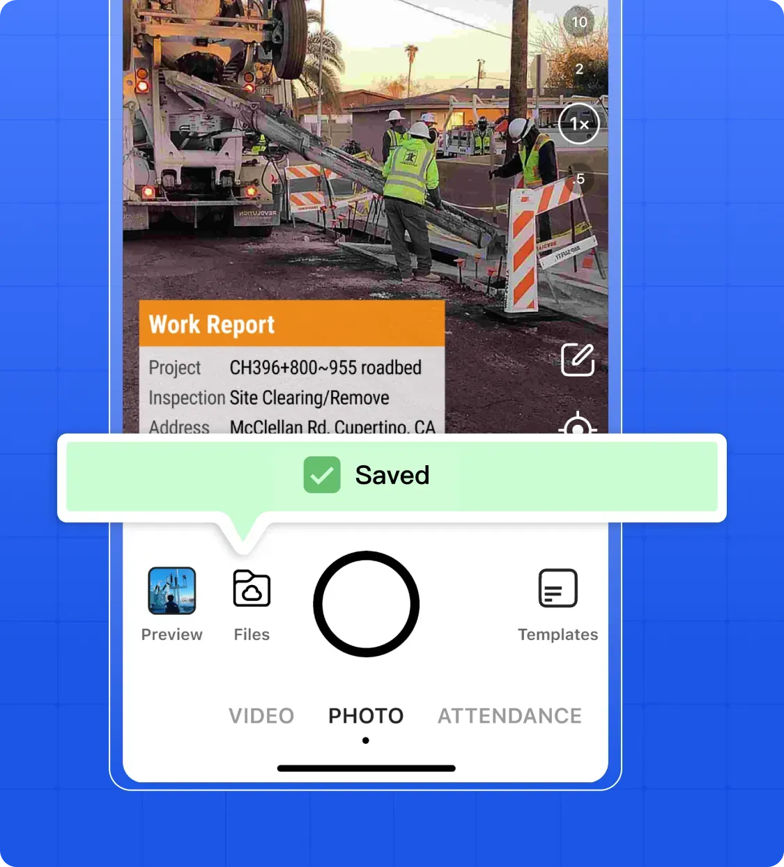 Timemark interface with a timestamped photo, sync status showing Saved