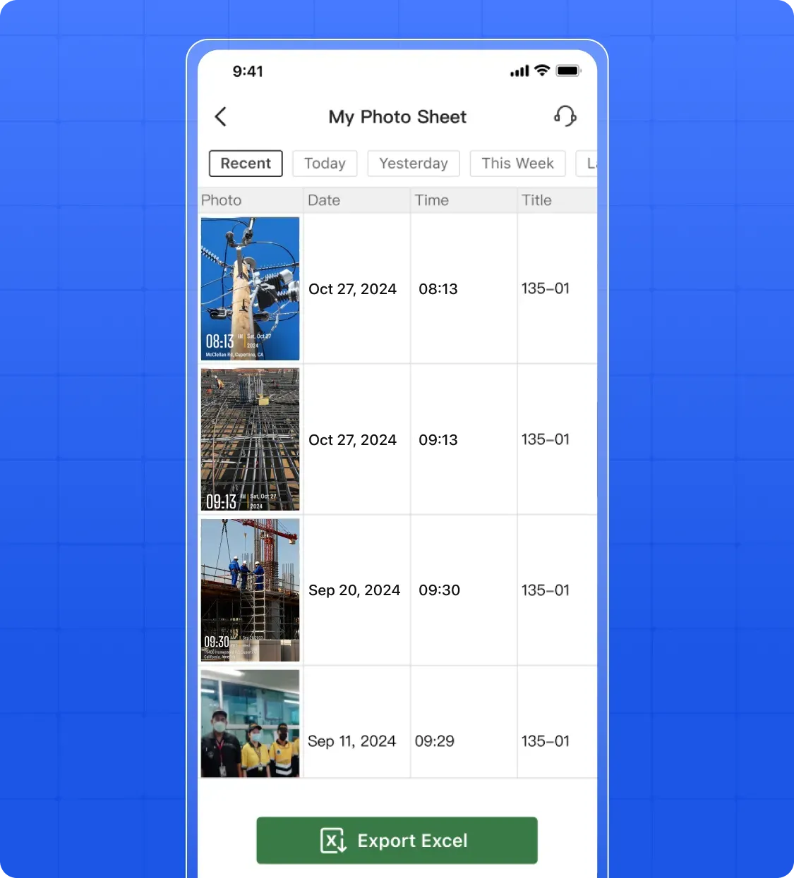 Photo sheet in Excel format with timestamped photo, date, time, and title columns