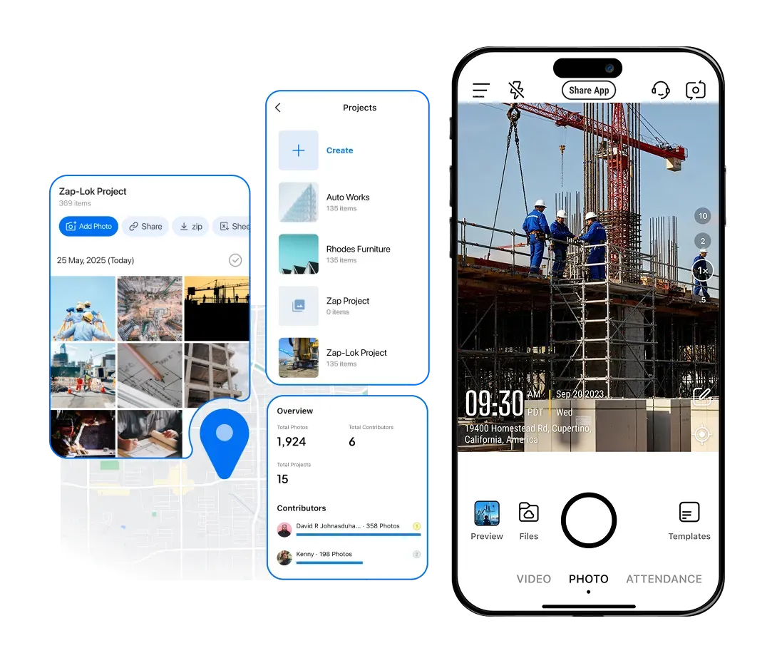 Timemark app interface with a timestamped photo, showing view options by Project/Date and export options: link, ZIP, Excel