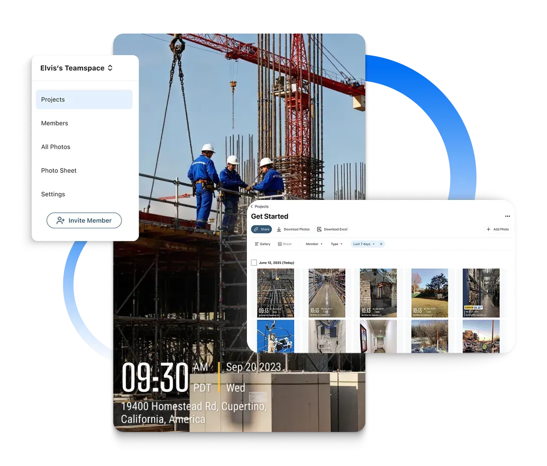 Timemark interface showing construction progress photos organized by project and member