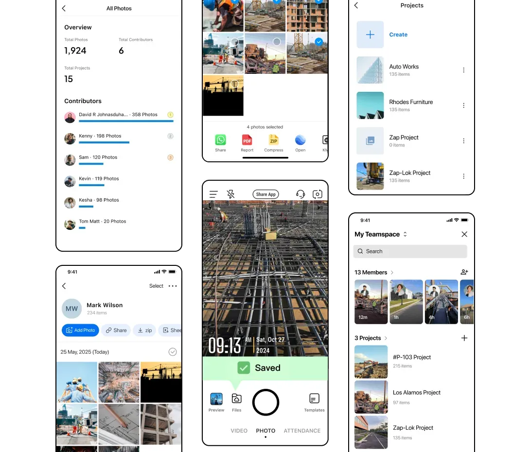 Timemark interface showing site inspection photos organized by project