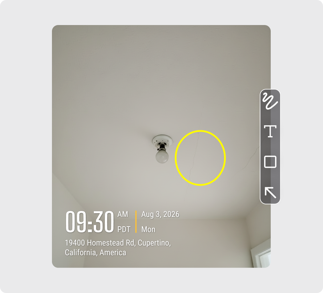 A picture showing a crack on the ceiling with annotation toolbox on the side.