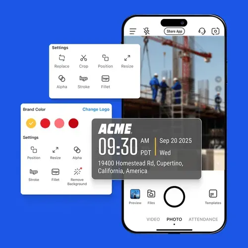 Timemark capturing a verified job photo on a construction site