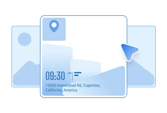 Timemark-like interface with timestamp and address, showing 19400 Homestead Rd, Cupertino, California