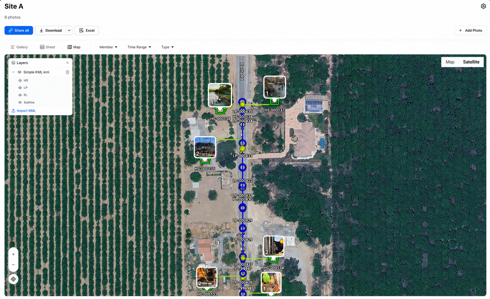 KML map overlay showing project plan vs field photos