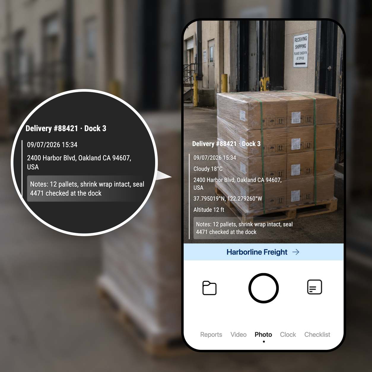 Timemark camera showing a pallet at a loading dock with delivery number, time, address and notes stamped on the photo