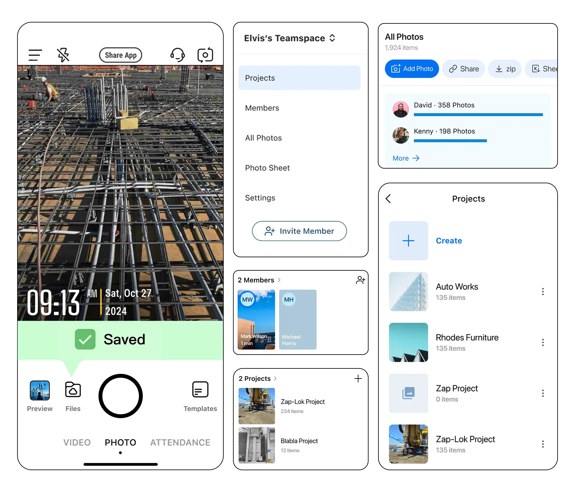 Teamspace interface showing construction progress photos organized by project