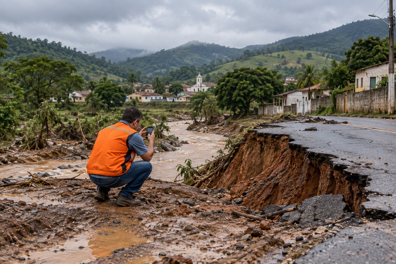 Técnico municipal fotografa trecho de estrada desmoronado após chuva, com rio cheio ao fundo.