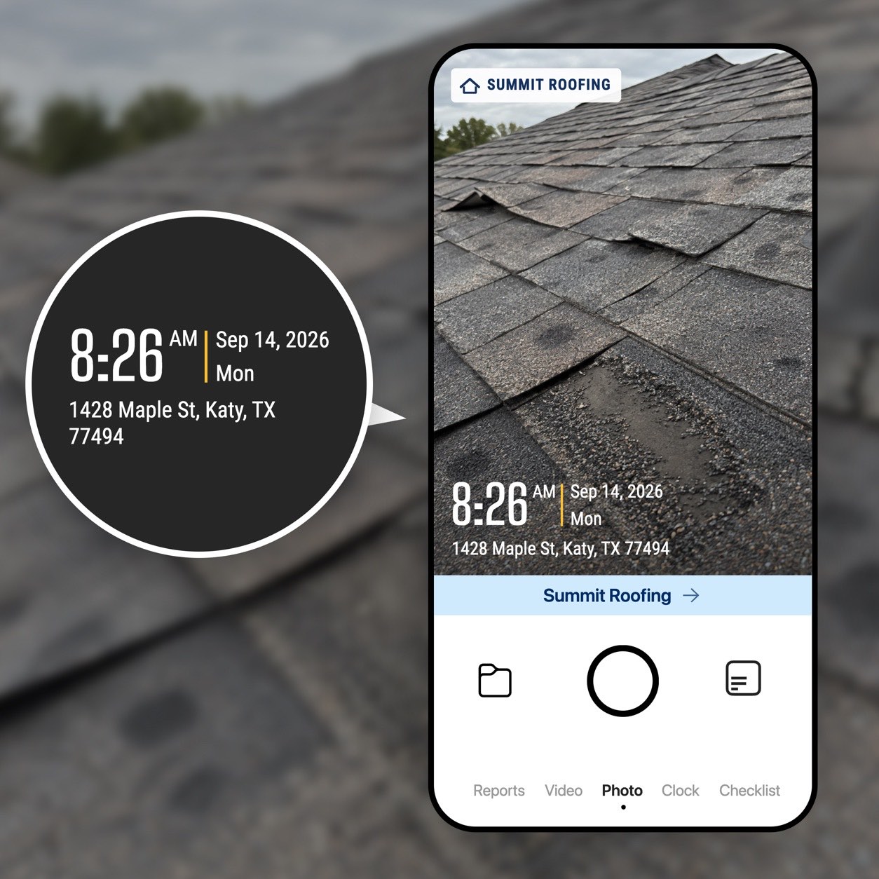 The Timemark camera screen on a phone, showing a roof photo stamped with the time, date and street address, and a roofing company logo