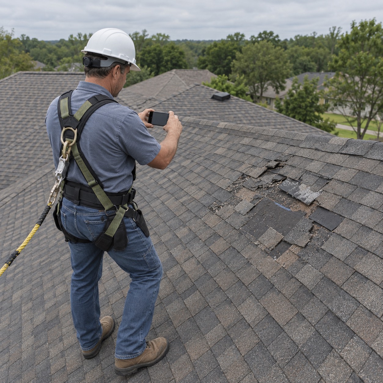 A roofing contractor on a sloped shingle roof photographing storm damaged shingles with a phone