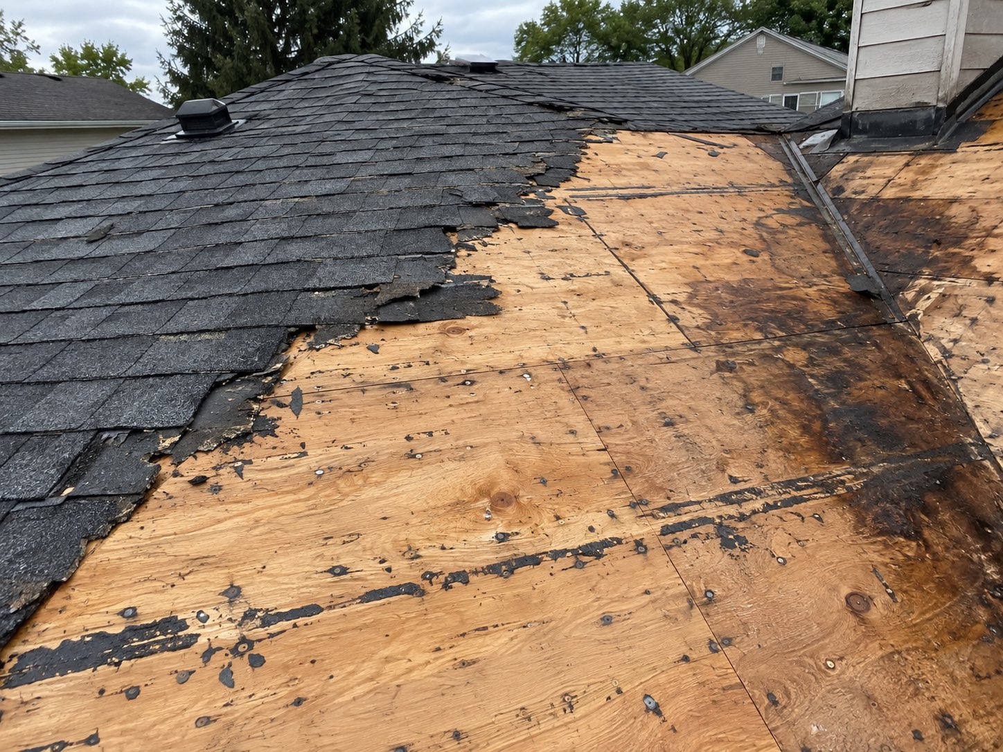 Bare plywood roof decking exposed after the old shingles were torn off, with a dark water stained section