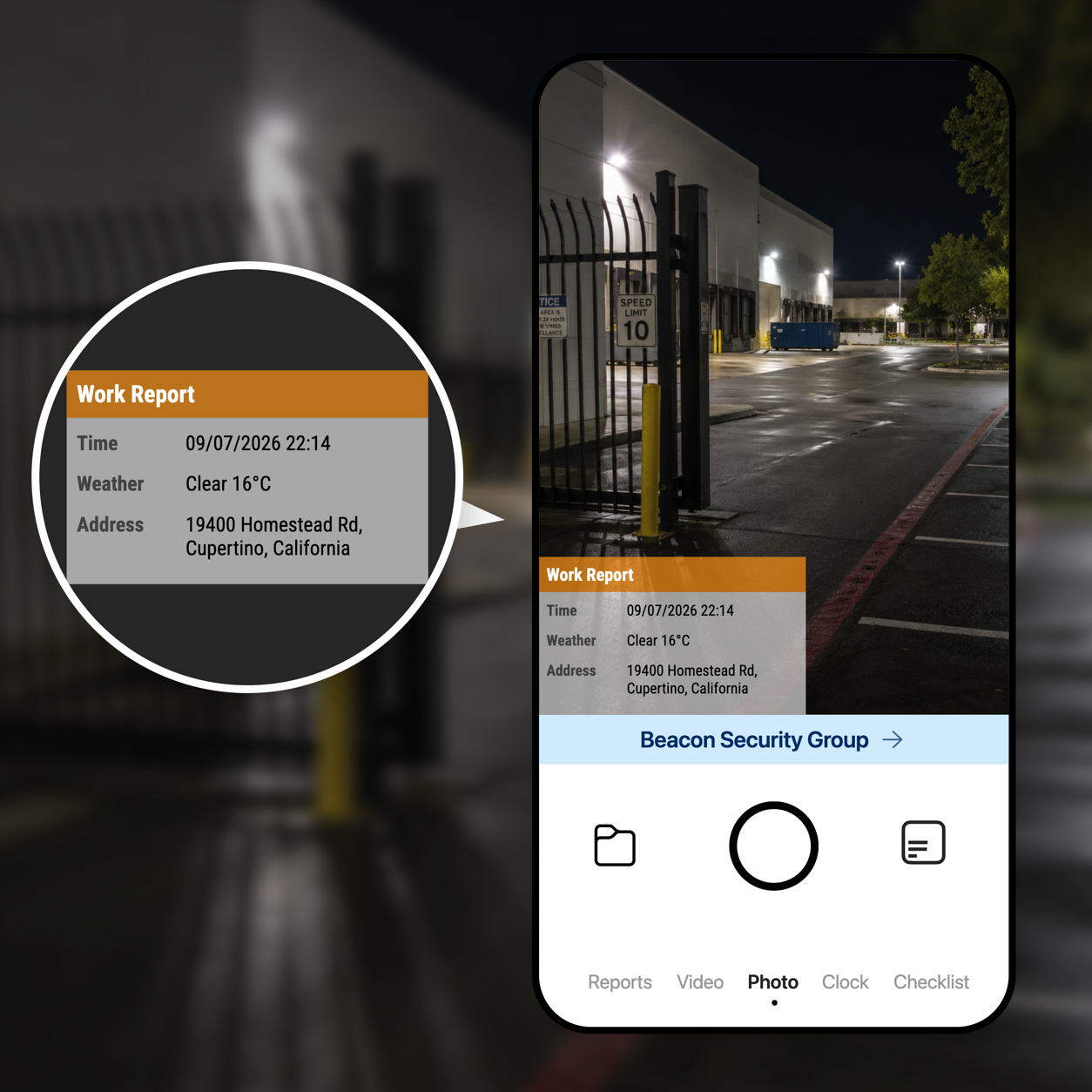Timemark camera showing a night patrol photo with a work report watermark: time, weather and address