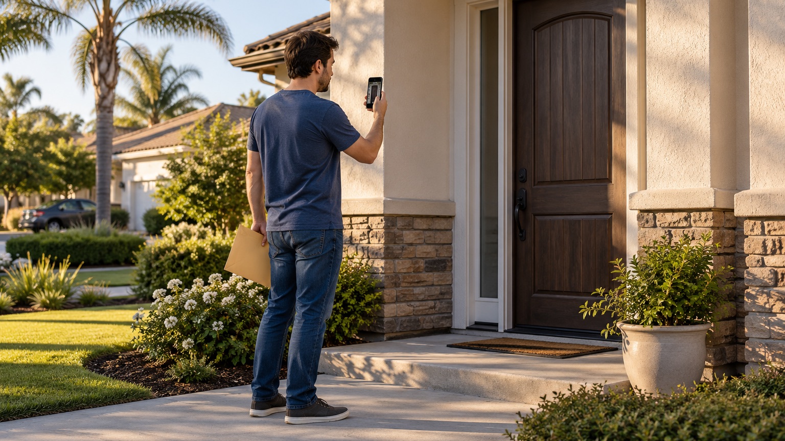 A man holding an envelope photographs the front door of a stucco house with palm trees behind.