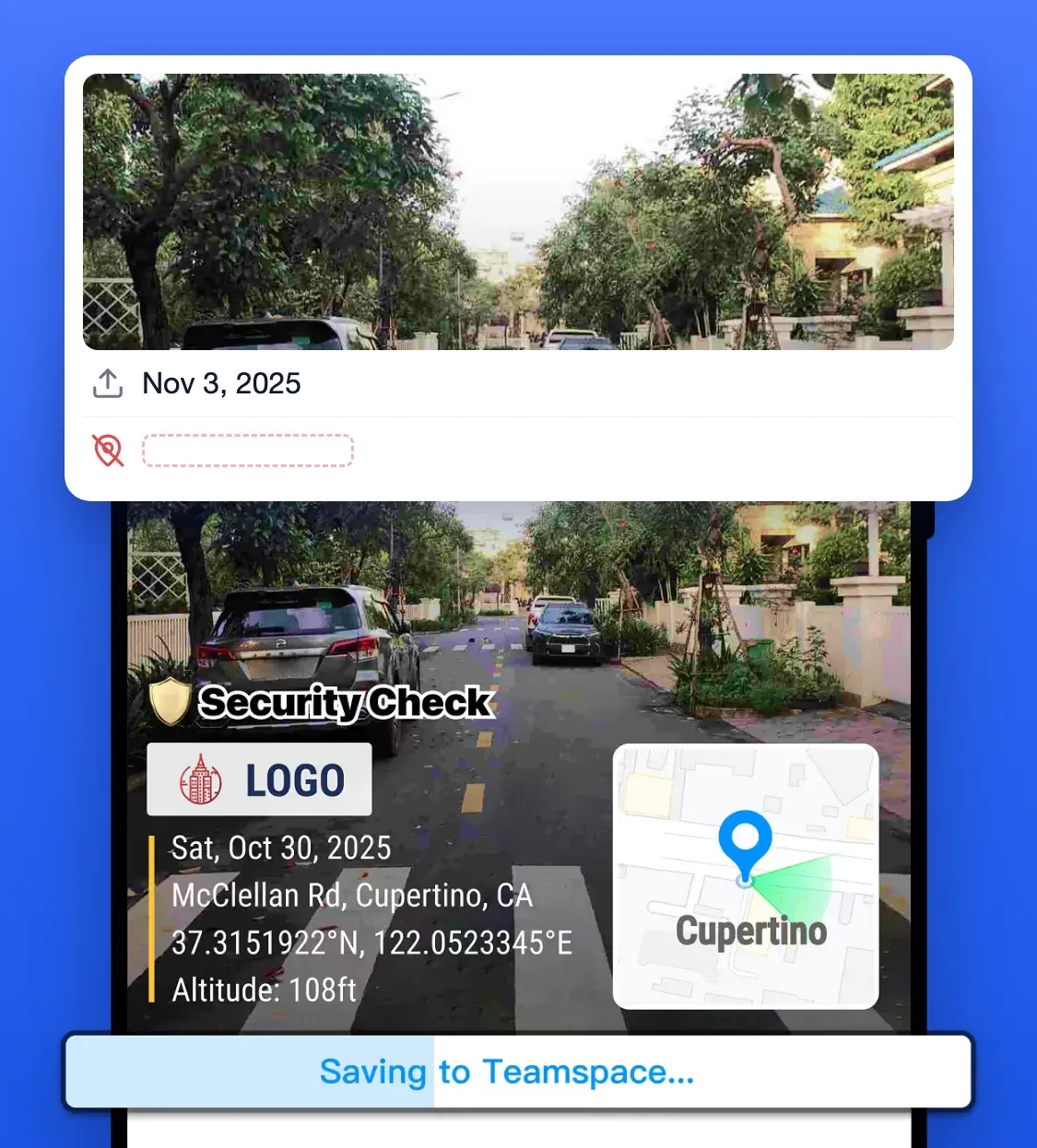 Plain uploaded photo file with only an upload date, above a Timemark photo stamped with capture date, address and GPS coordinates