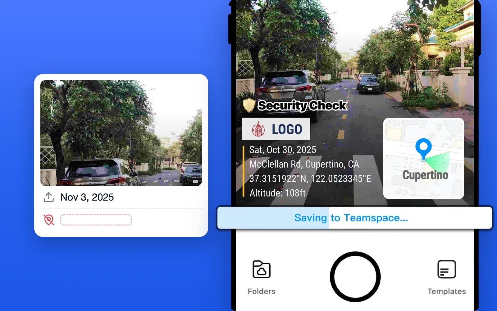 A plain uploaded photo file showing only an upload date and an empty location field, next to a Timemark photo stamped with capture date, address and GPS coordinates