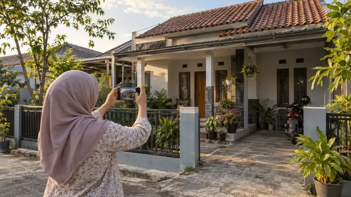 Seorang ibu memotret rumah dengan ponsel untuk foto geotagging SPMB