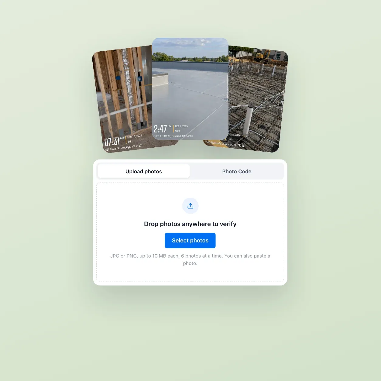 The Timemark photo verification page with an upload box for up to 6 photos, below three job site photos with Photo Codes