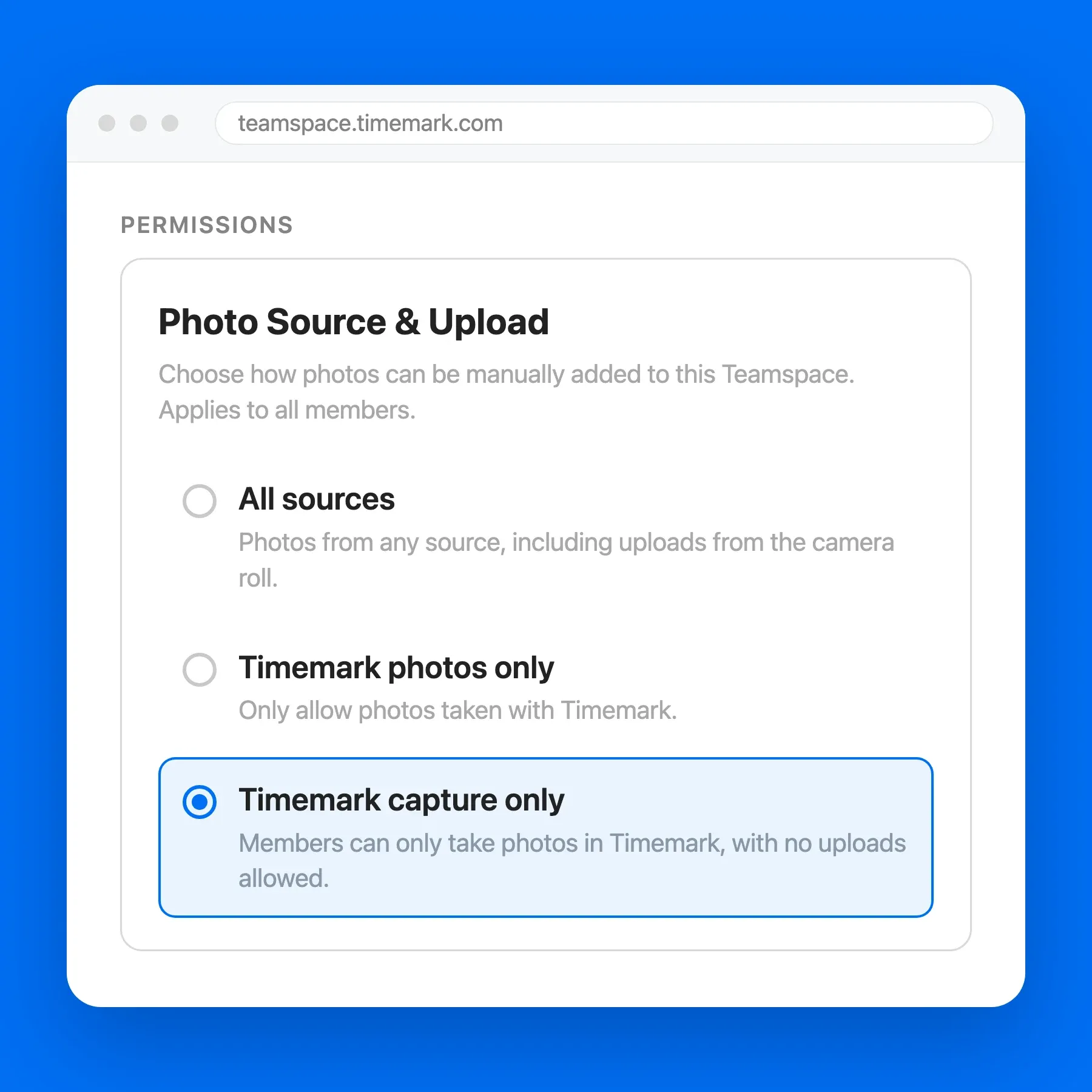 Teamspace settings screen showing the Photo Source & Upload option