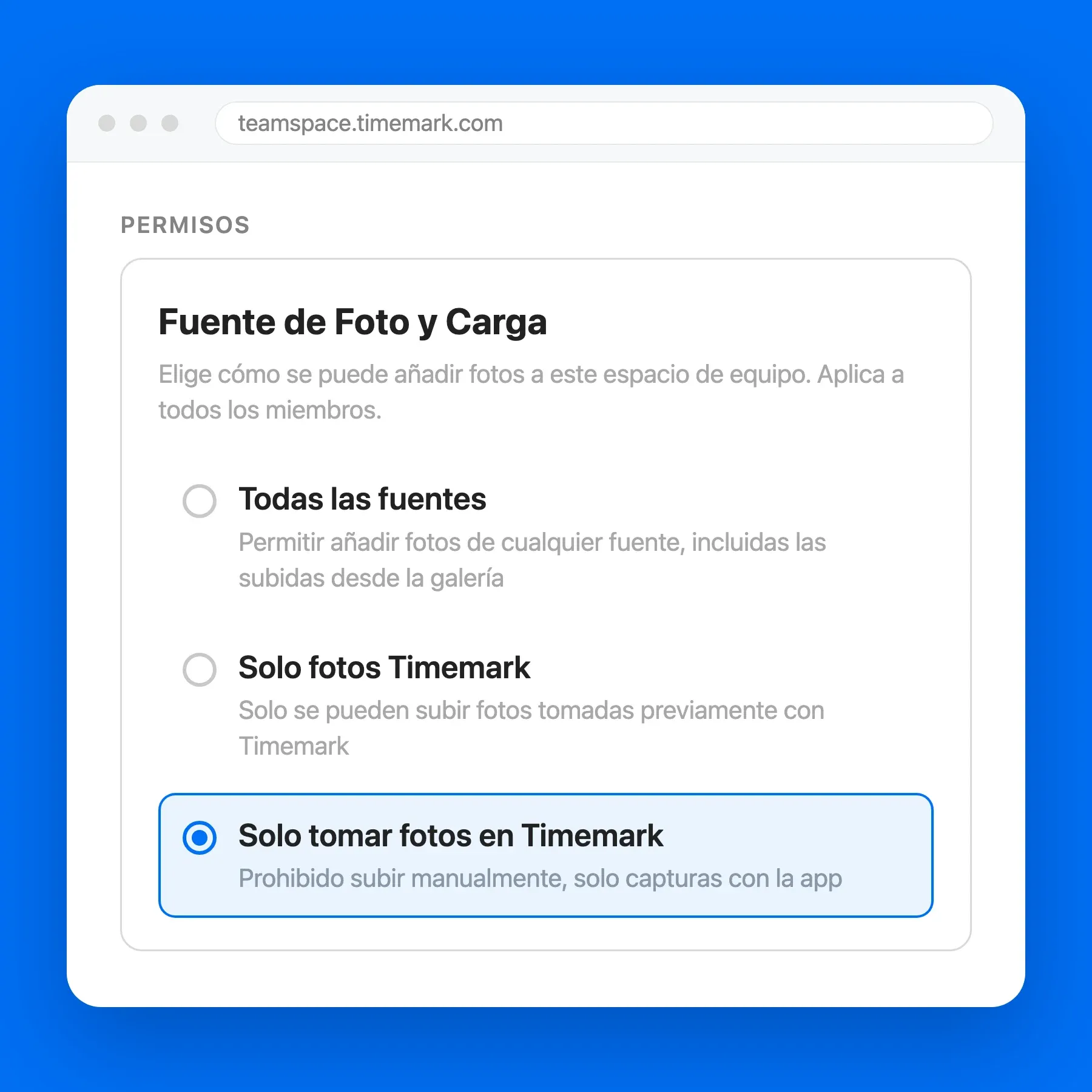 Pantalla de ajustes de Teamspace con la opción Solo tomar fotos en Timemark