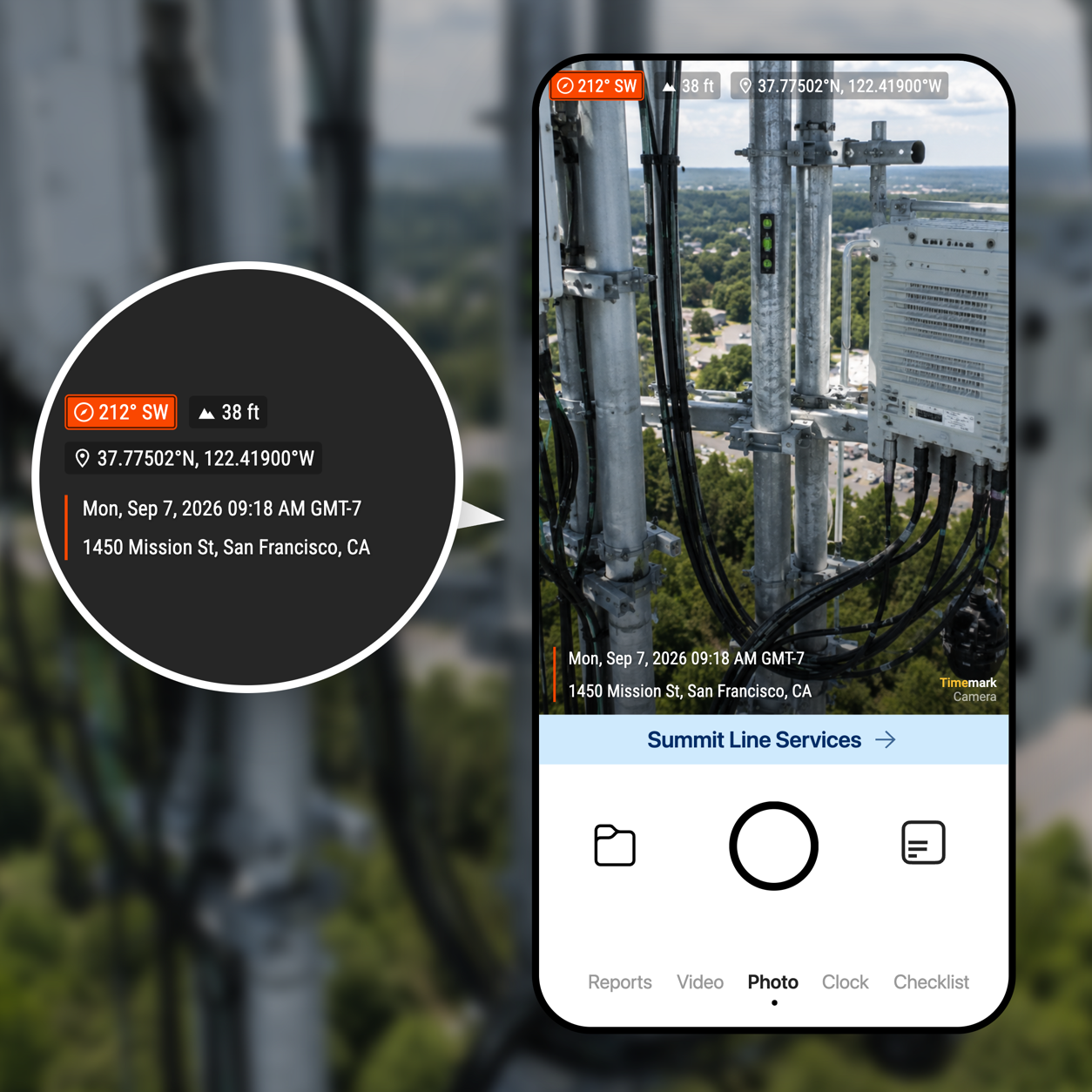 Timemark camera on a telecom tower showing compass, altitude and GPS coordinates stamped on the photo