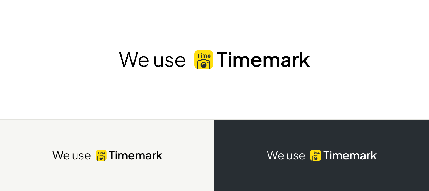 We use Timemark badge on white, light grey and dark backgrounds