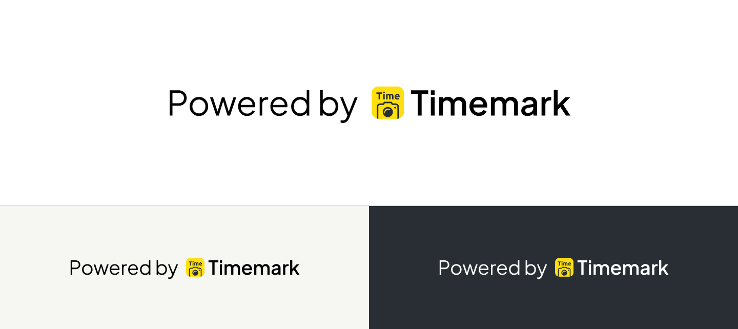 Powered by Timemark badge on light and dark backgrounds