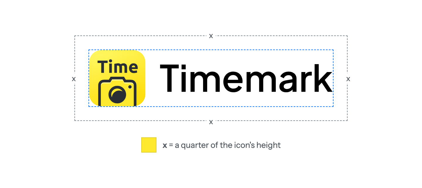 Clear space around the Timemark logo: a quarter of the icon height on every side