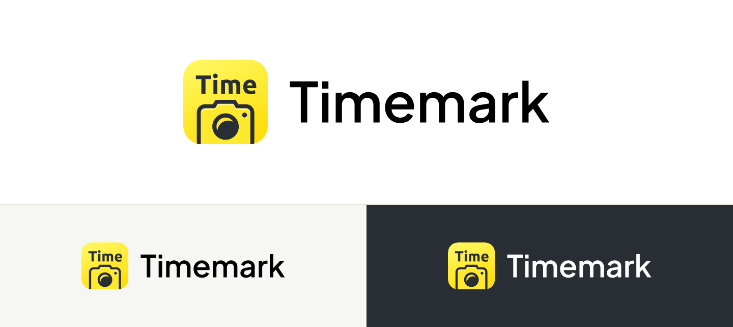 Timemark logo on white, light grey and dark backgrounds
