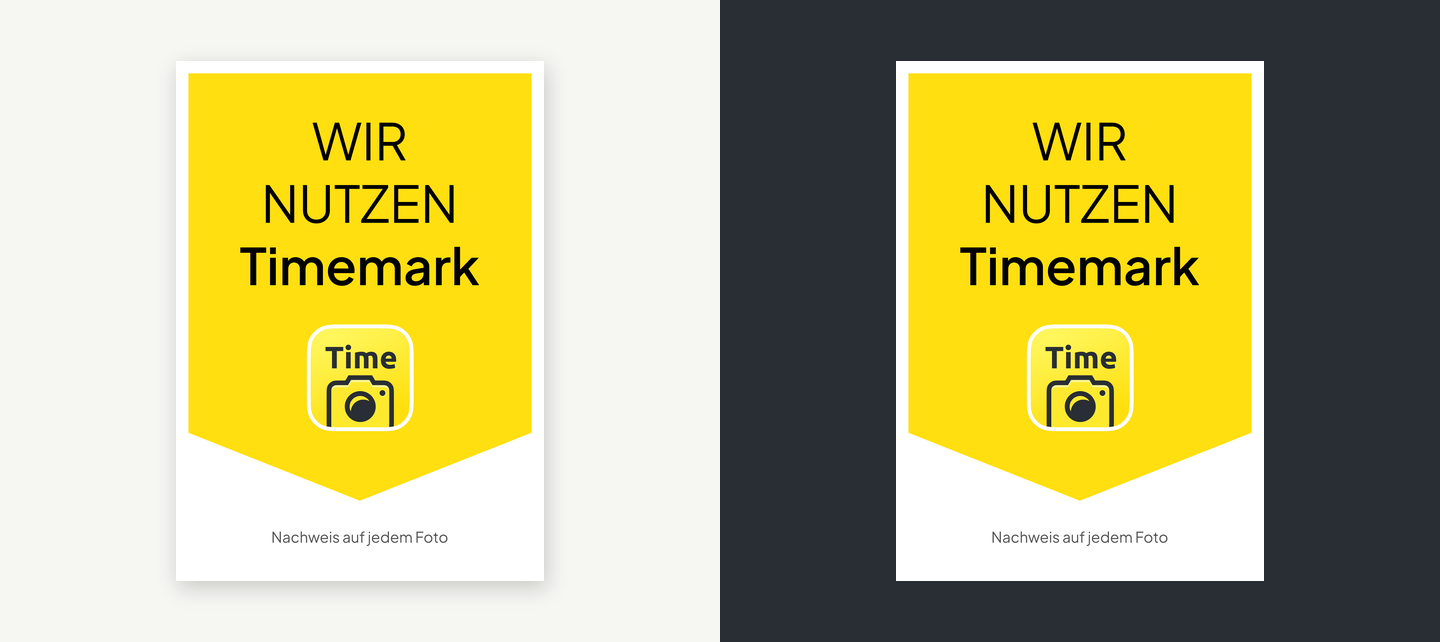 Timemark "We use Timemark" print sign on light and dark backgrounds (de)