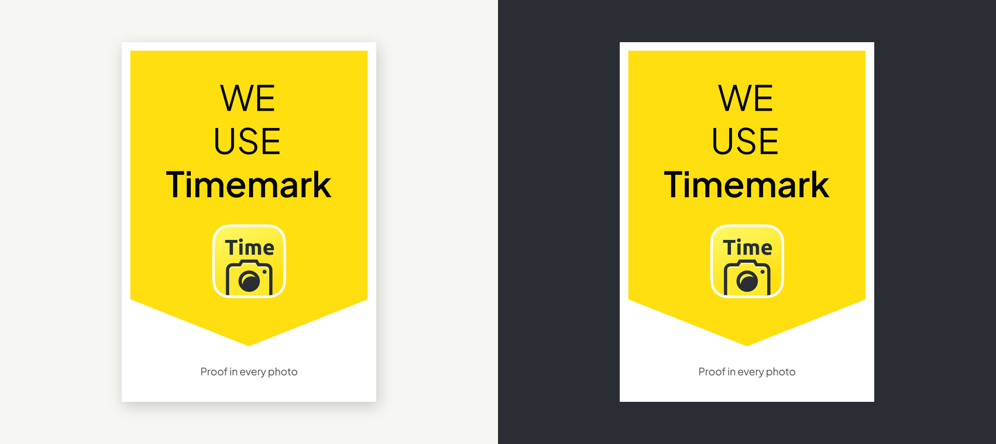 Timemark "We use Timemark" print sign on light and dark backgrounds (en)